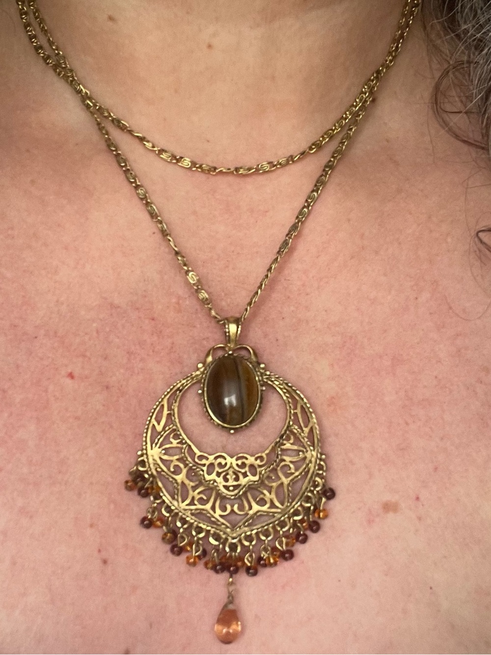 Vintage-Inspired Gold Tiger's Eye Filigree Pendant Layered Necklace (16” & 18”)